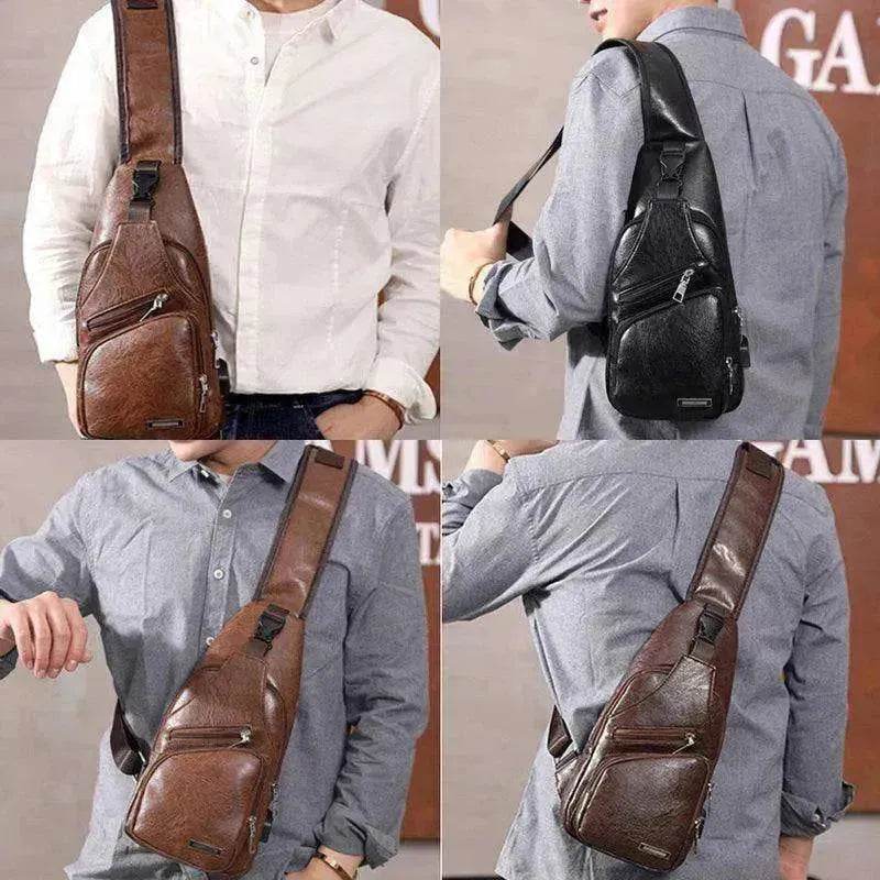 Men USB Charging Bag PU PVC Shoulder Diagonal Messenger Travel Cross Body Bags