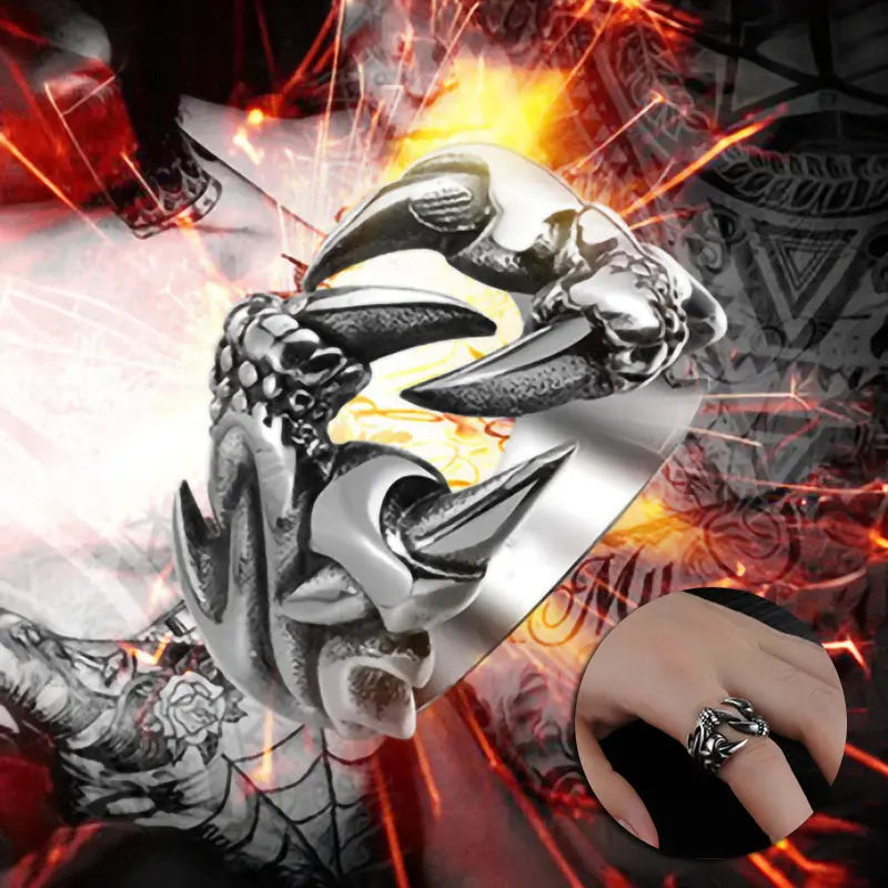 Men's Domineering Open Dragon Claw Ring Punk Chrome - Titanium Steel Dragon Claw Heart Party