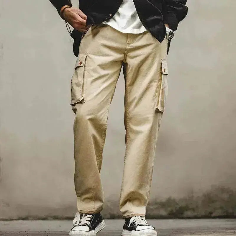 Men's Retro Khaki Tapered Mountain Army Pocket Zipper Casual Pants