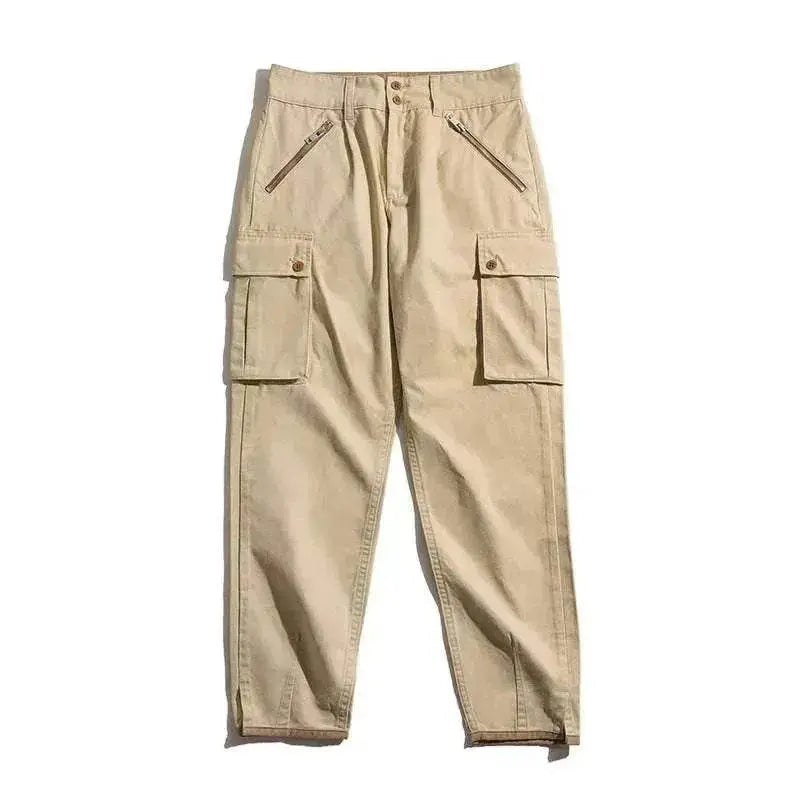 Men's Retro Khaki Tapered Mountain Army Pocket Zipper Casual Pants