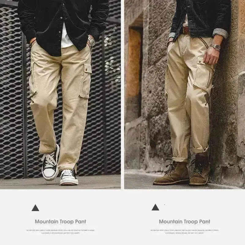Men's Retro Khaki Tapered Mountain Army Pocket Zipper Casual Pants