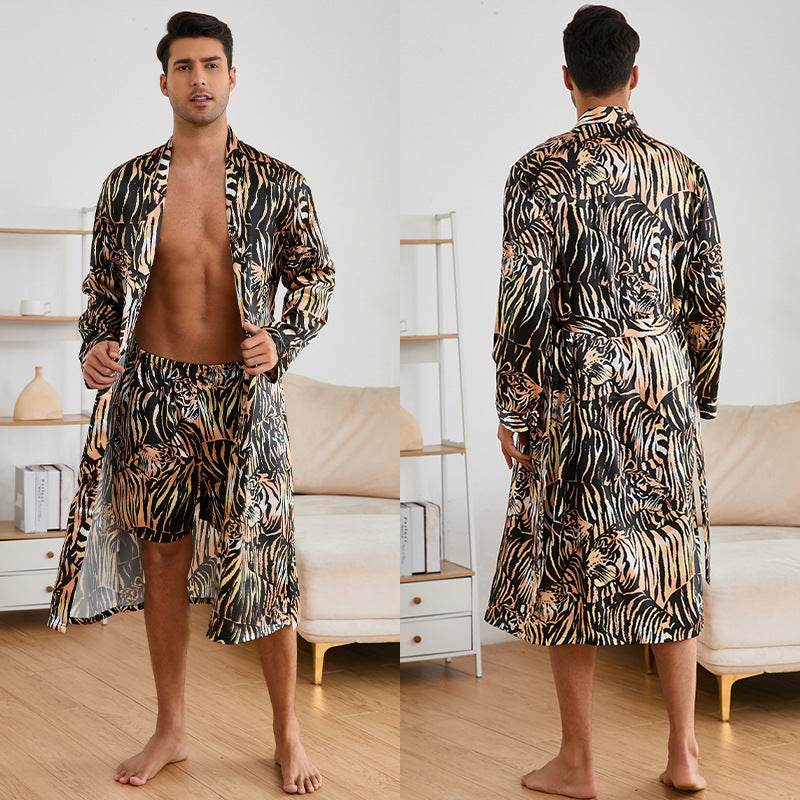 Men's Robes Fashion Ice Silk Bathrobe Homewear Set Pajamas
