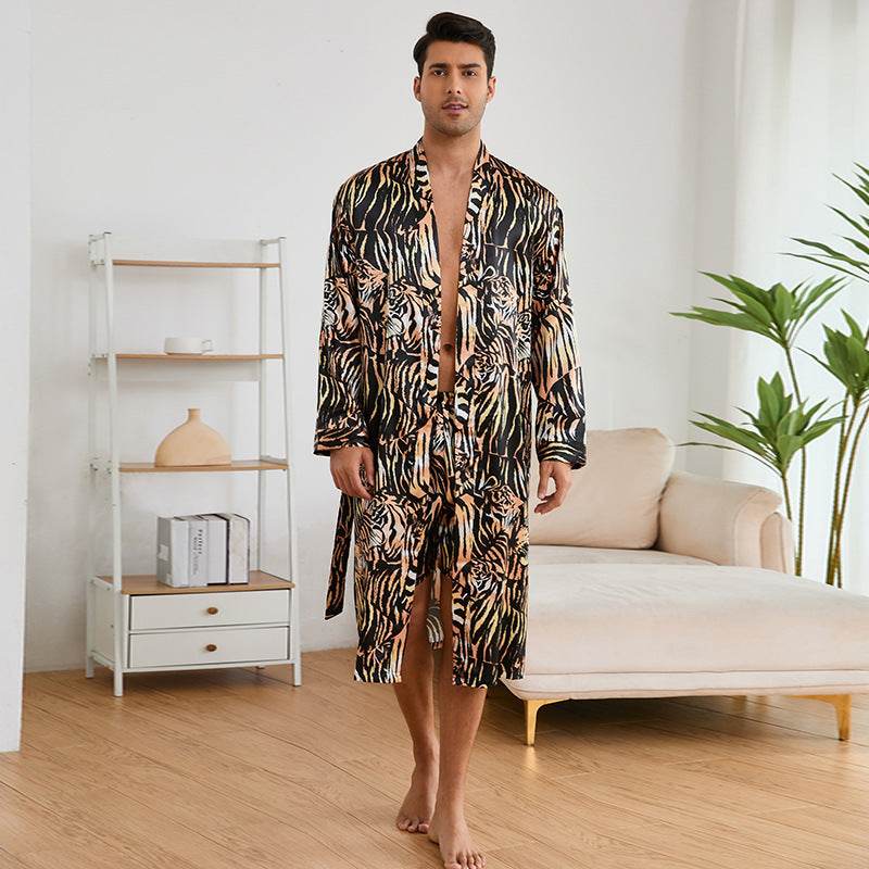 Men's Robes Fashion Ice Silk Bathrobe Homewear Set Pajamas