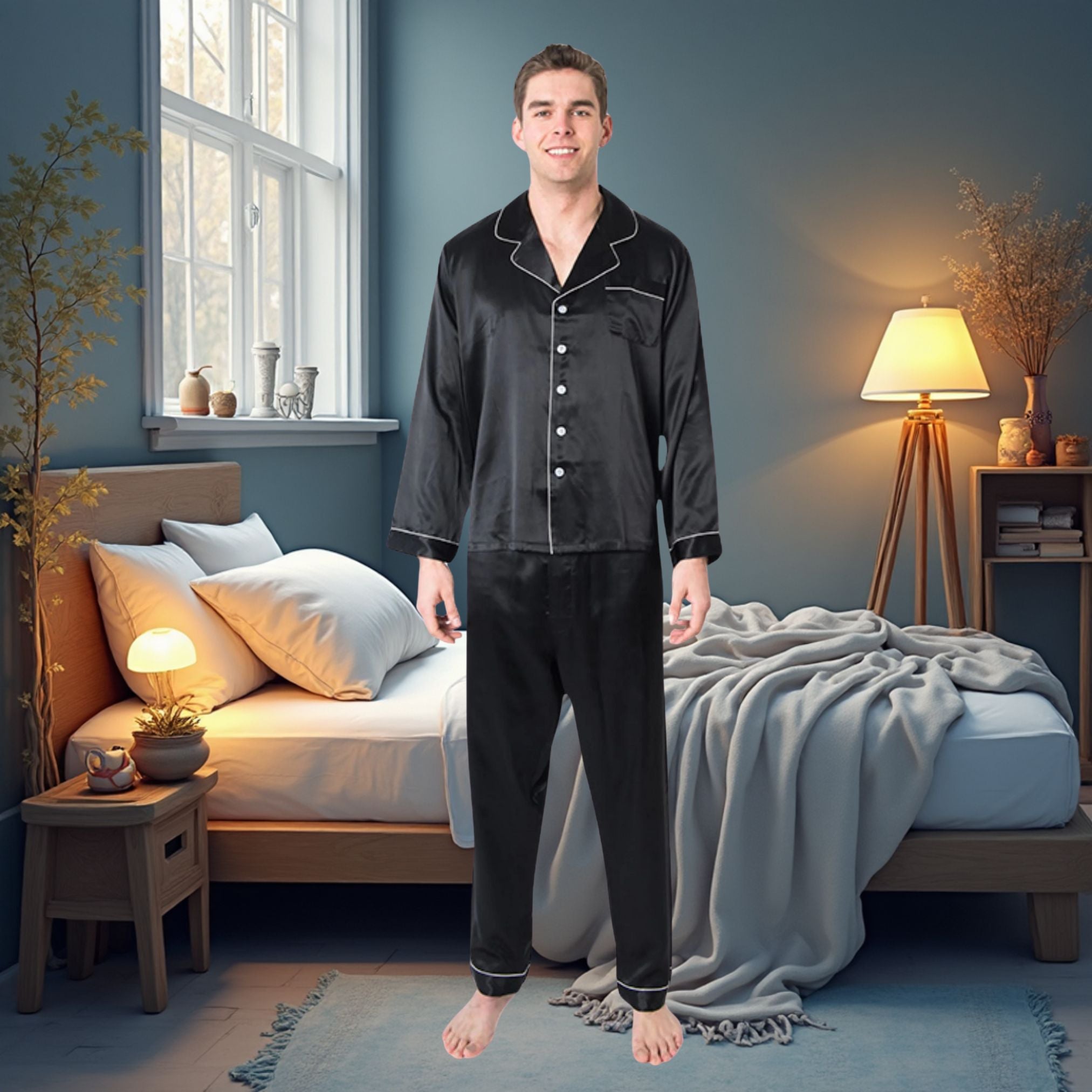 Men's Mulberry Silk Pajama Set Black