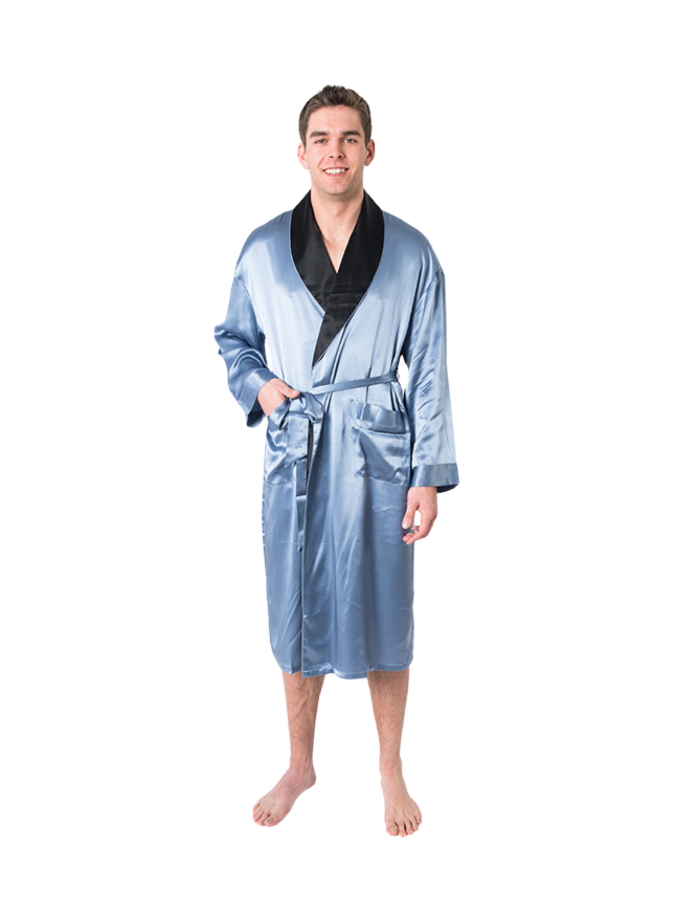 Men's Mulberry Silk Robe  Twilight Blue with Black Collar