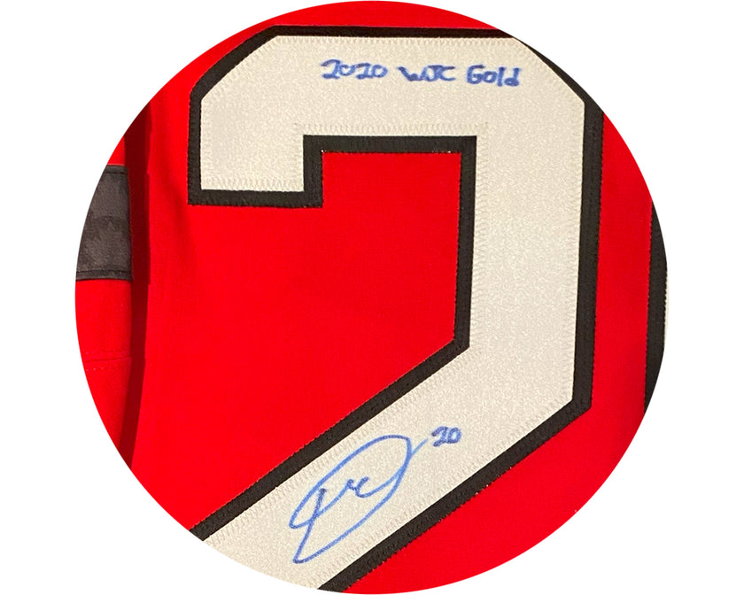 Dawson Mercer Autographed Team Canada Home Red Nike Jersey Inscribed 