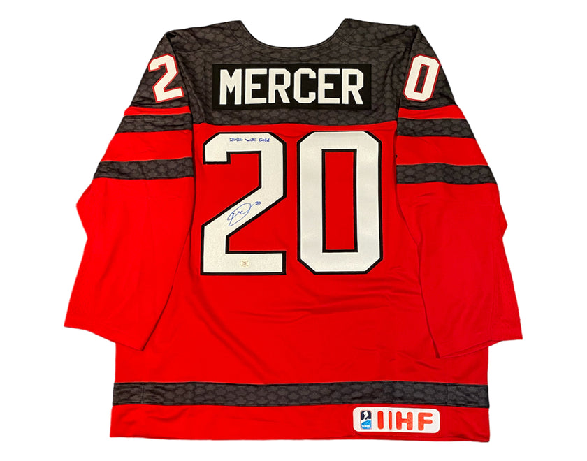 Dawson Mercer Autographed Team Canada Home Red Nike Jersey Inscribed 