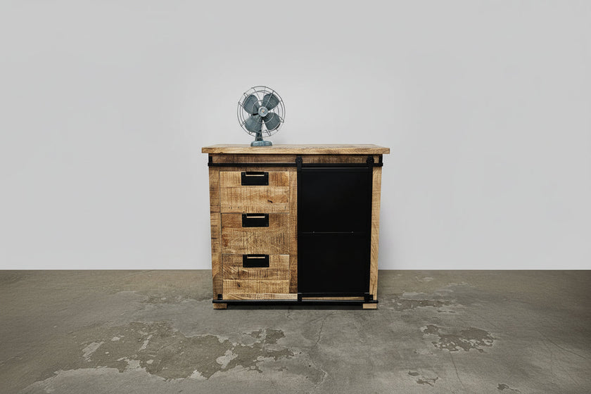 Meuble Commode Raven en bois de manguier porte coulissante en acier noir