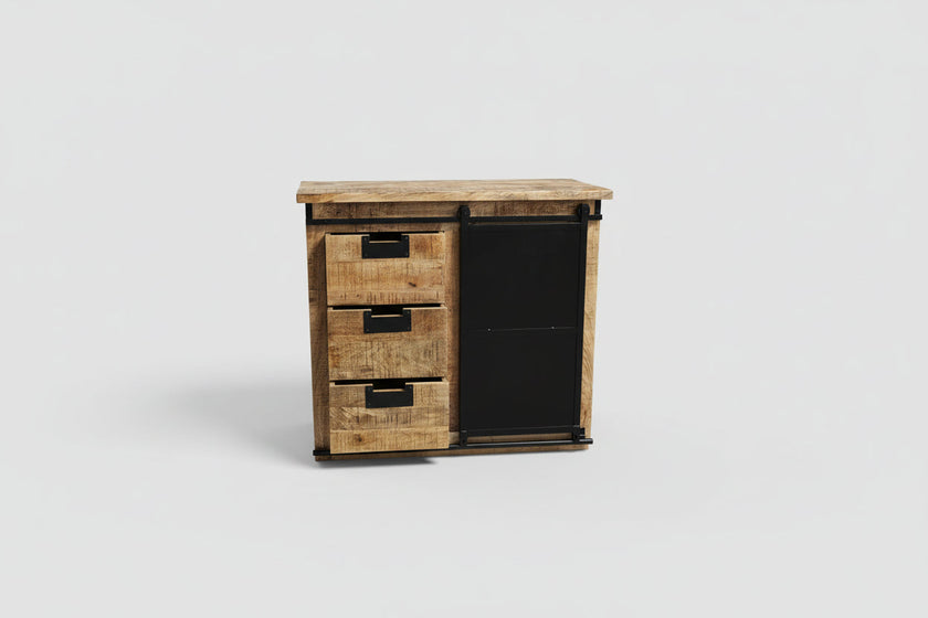Meuble Commode Raven en bois de manguier porte coulissante en acier noir