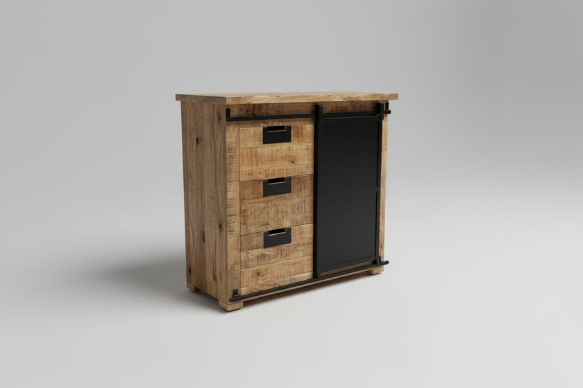 Meuble Commode Raven en bois de manguier porte coulissante en acier noir