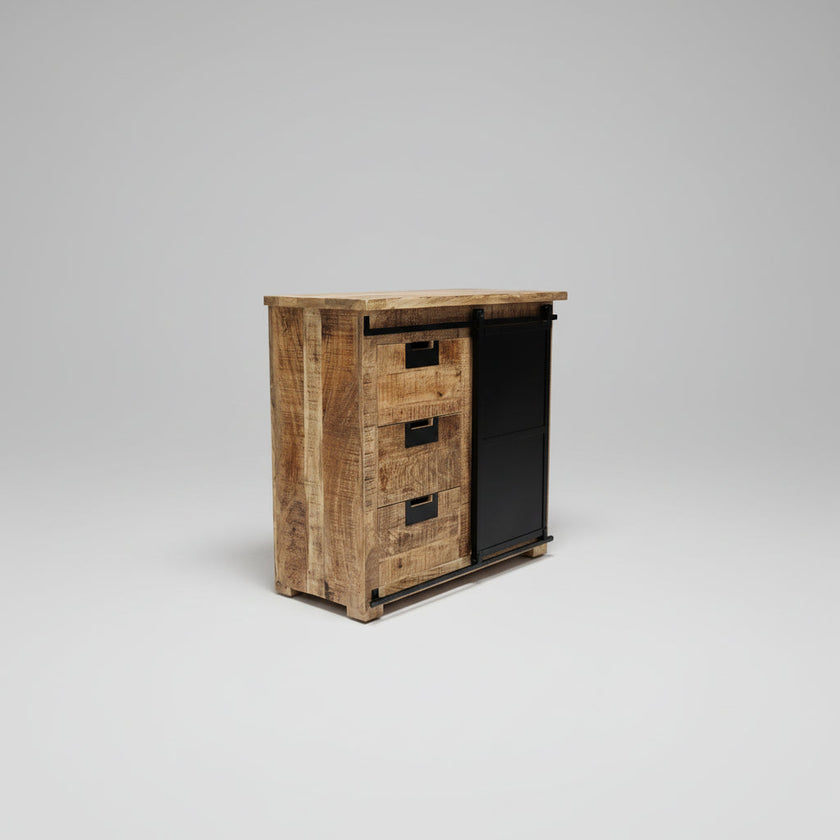 Meuble Commode Raven en bois de manguier porte coulissante en acier noir