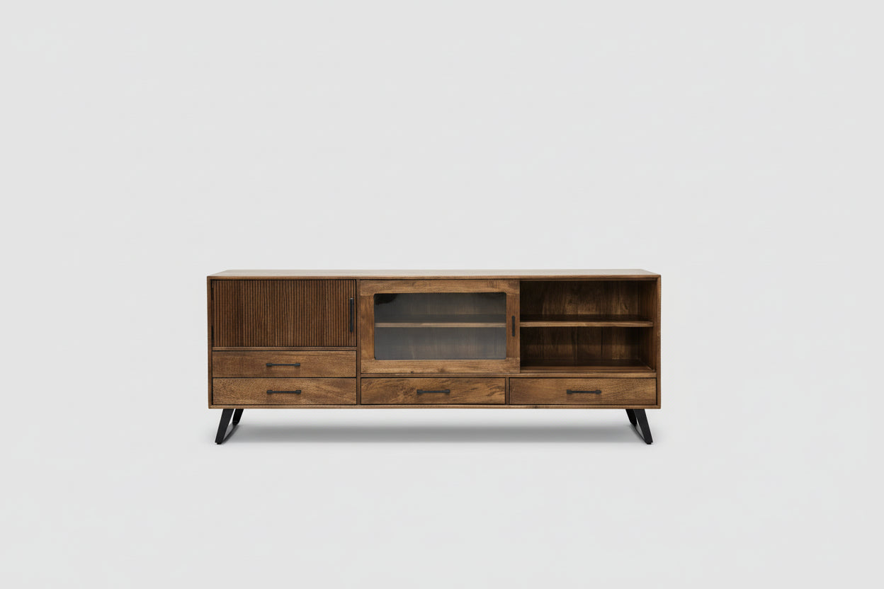 Meuble Télé Arezzo en bois de manguier portes coulissantes vitrées