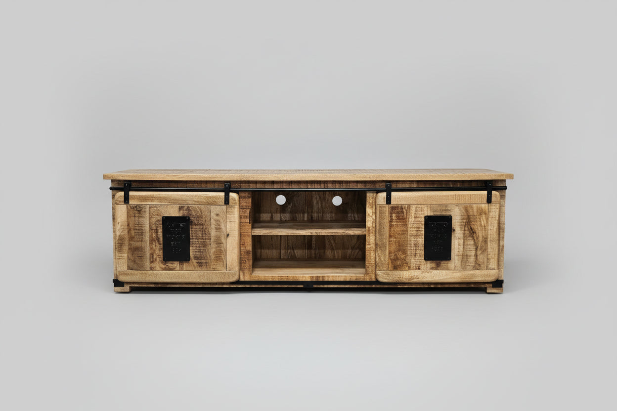 Meuble Télé Farmhouse en bois de manguier brut portes coulissantes