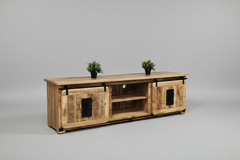 Meuble Télé Farmhouse en bois de manguier brut portes coulissantes