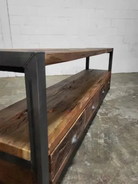 Meuble tv industriel bois Recyclé et acier avec 4 tiroirs