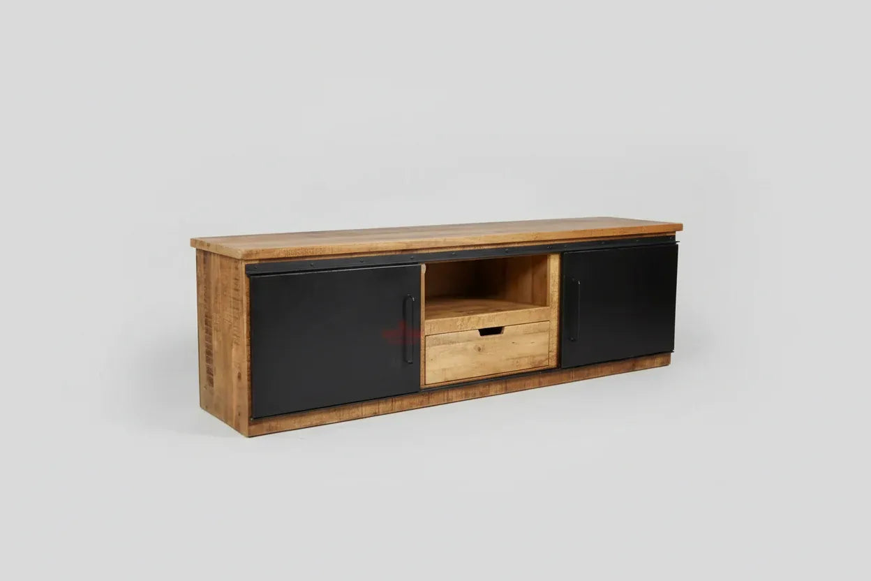 Meuble télé en bois de manguier avec 2 portes coulissantes en acier
