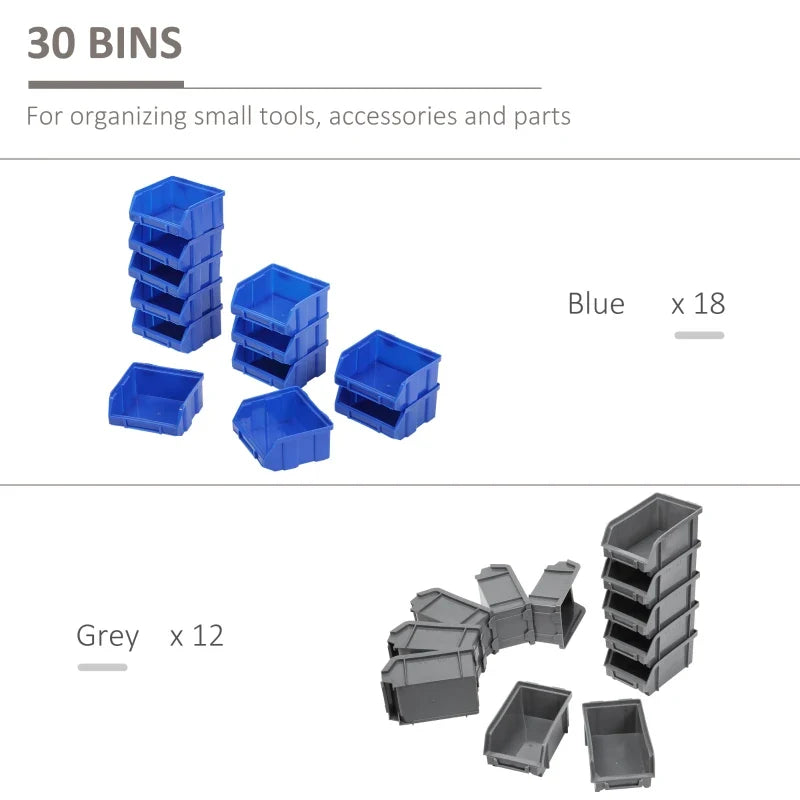 Wall Mounted Storage Bin Rack Tool Organizer with 30 Bins, Pegboard for Garage Workshops Blue
