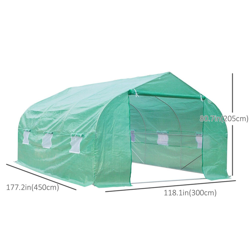 Outsunny 15' x 10' x 7' Walk-in Greenhouse Outdoor Plant Tunnel Warm Hot House w/ Roll Up Door and 6 Mesh Windows, Steel Frame, Green