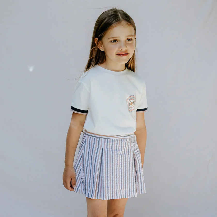 Rosewood & Navy Striped Seersucker Skort | Miles The Label