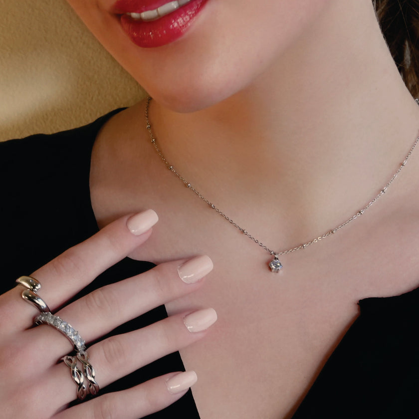 KADIRI Silver:  Solitaire Zirconia Charm Pendant on a Beaded Chain Necklace