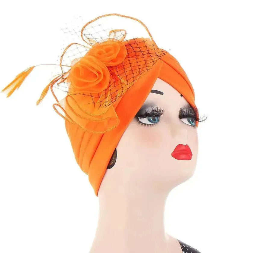 Multicolor Mesh Matching Feather Flower Arab  Hat