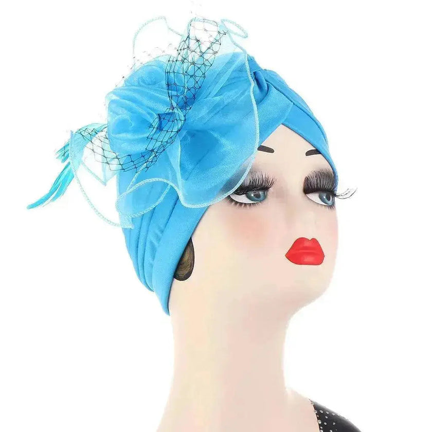 Multicolor Mesh Matching Feather Flower Arab  Hat