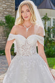 Double Fold Over Off-Shoulder Strap V-Neckline Ball Gown Wedding Dress