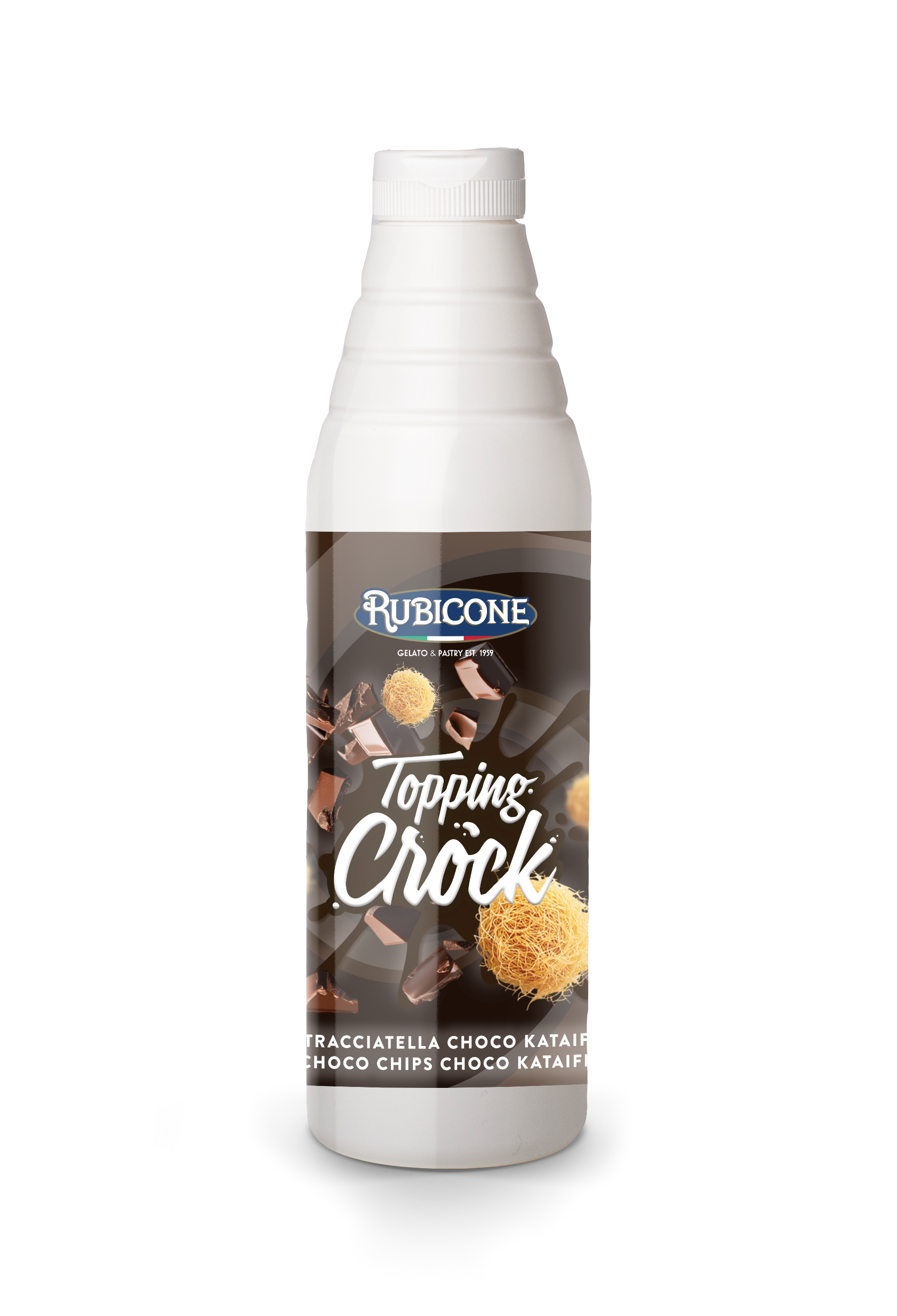 Dubai Chocolate Chips Kunafa Kataifi Topping with Pieces (Dubai Chocolate Topping) - 0.85 KG Squeeze Bottle - Stracciatella Choco Kataifi Crock Topping - Rubicone Canada - Ships Free Within Canada on Orders Above CAD $199