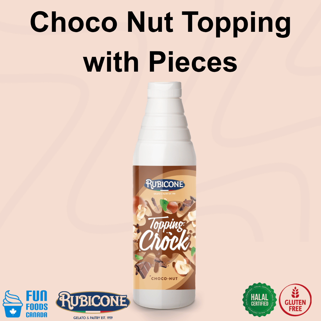 Choco-Hazelnut Topping with Pieces - 1 KG Squeeze Bottle - Choco-Nut Crock Topping - Rubicone Canada - Ships Free Within Canada on Orders Above CAD $199