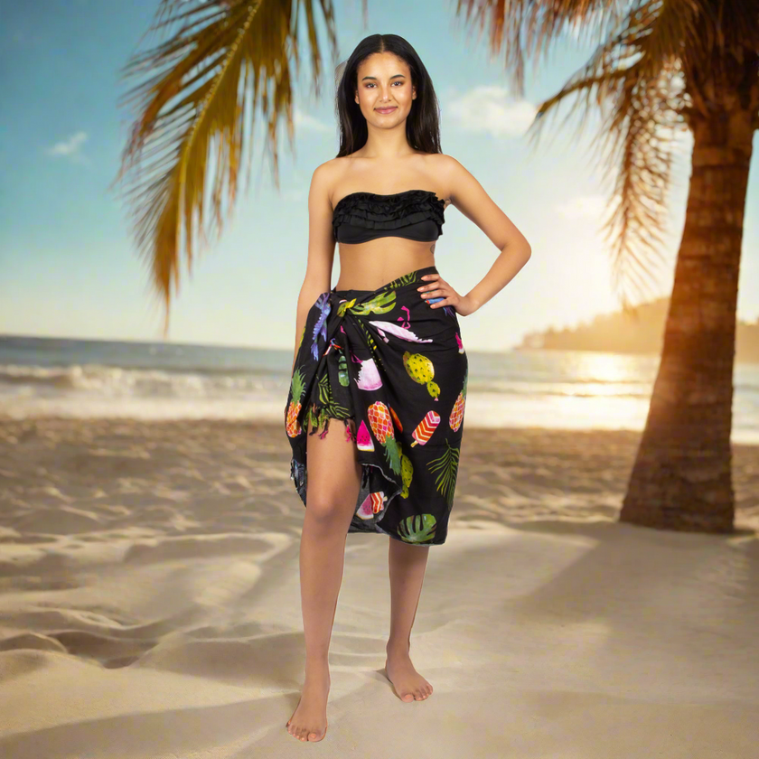 Flamingo & Fruit Print Sarong - Black