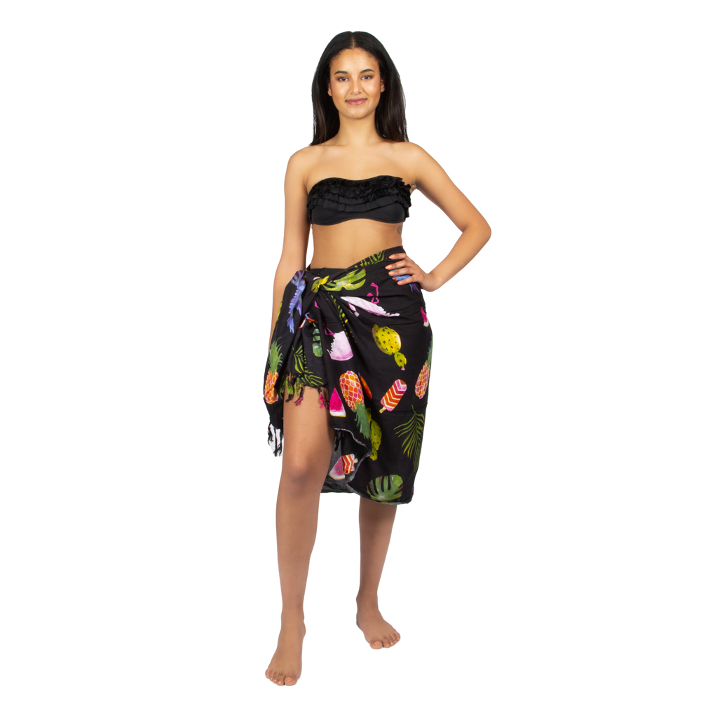 Flamingo & Fruit Print Sarong - Black