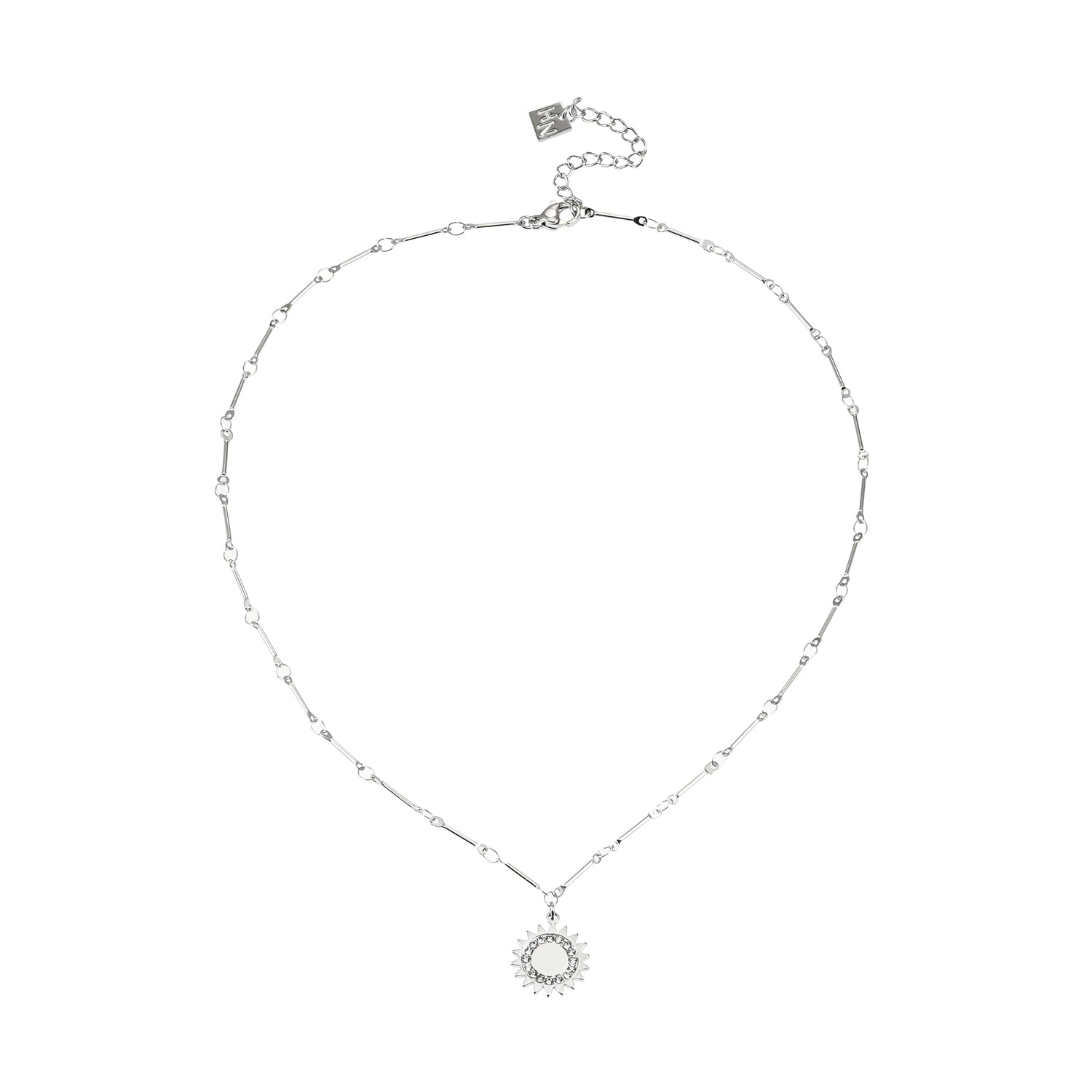 NOMIA Or Blanc (Couleur Argent) : Collier avec pendentif soleil rayonnant en zircone.