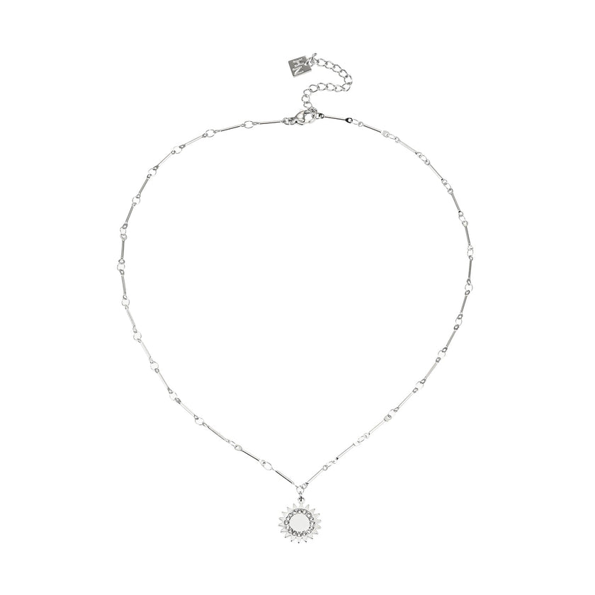 NOMIA Or Blanc (Couleur Argent) : Collier avec pendentif soleil rayonnant en zircone.
