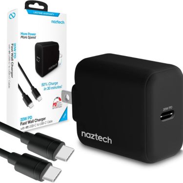 Naztech - Wall Charger 1 Port 20W USB-C PD Fast Charge Compact Foldable Prongs & USB-C to USB-C Cable 4ft - Black
