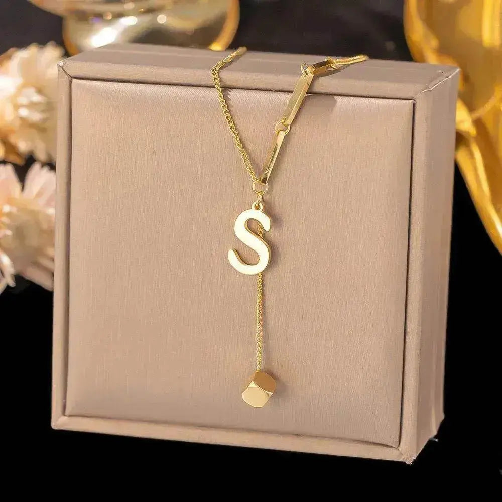 Necklace Ornament Titanium Steel Tassel 26 Letters Female Small Square Pendant Graceful Personality Jewelry