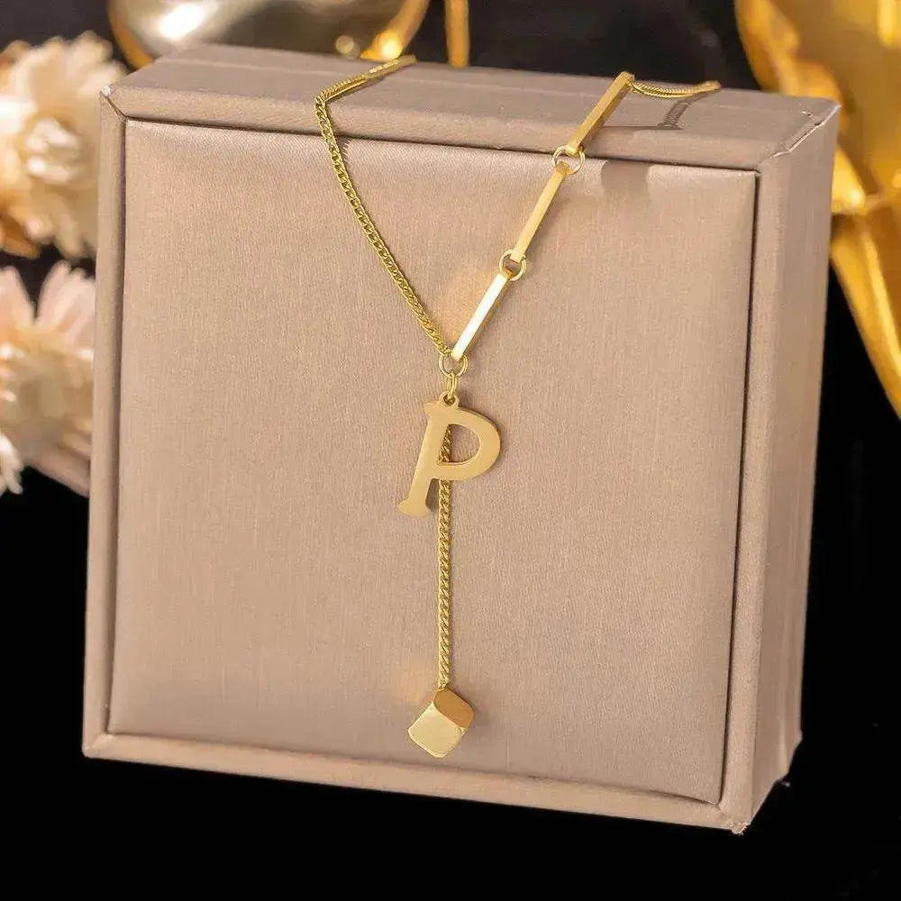 Necklace Ornament Titanium Steel Tassel 26 Letters Female Small Square Pendant Graceful Personality Jewelry