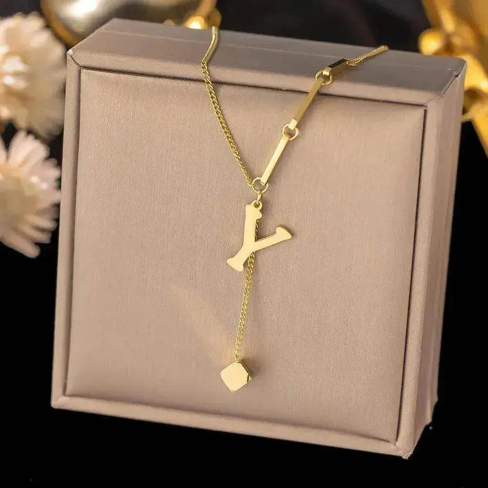 Necklace Ornament Titanium Steel Tassel 26 Letters Female Small Square Pendant Graceful Personality Jewelry