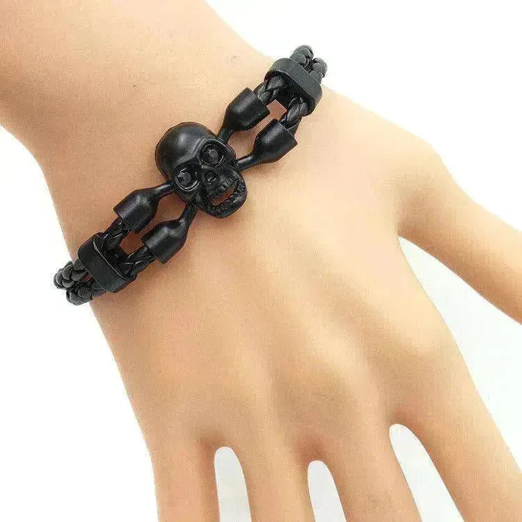 Men's Skull Black Buttons & Leather Bracelet - Neutral Stylish