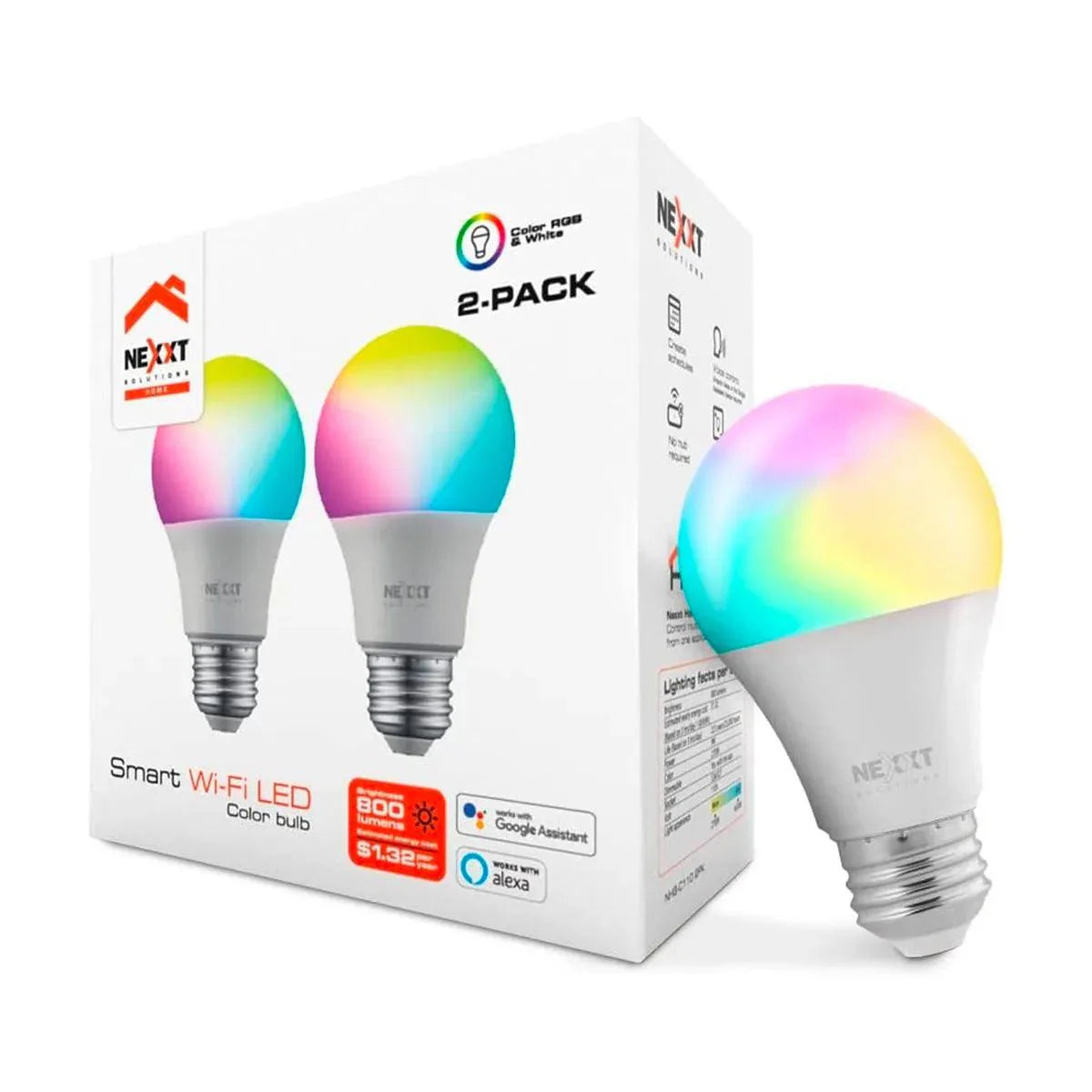 Nexxt - Smart Home Indoor Wi-Fi RGB & White LED Light Bulb (2 Pack)