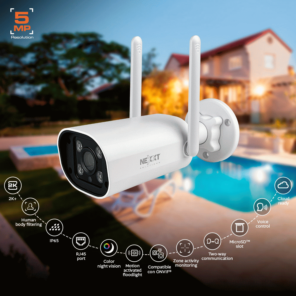 Nexxt - Caméra de surveillance extérieure intelligente 2K 5MP - Blanche - NHC-OF10