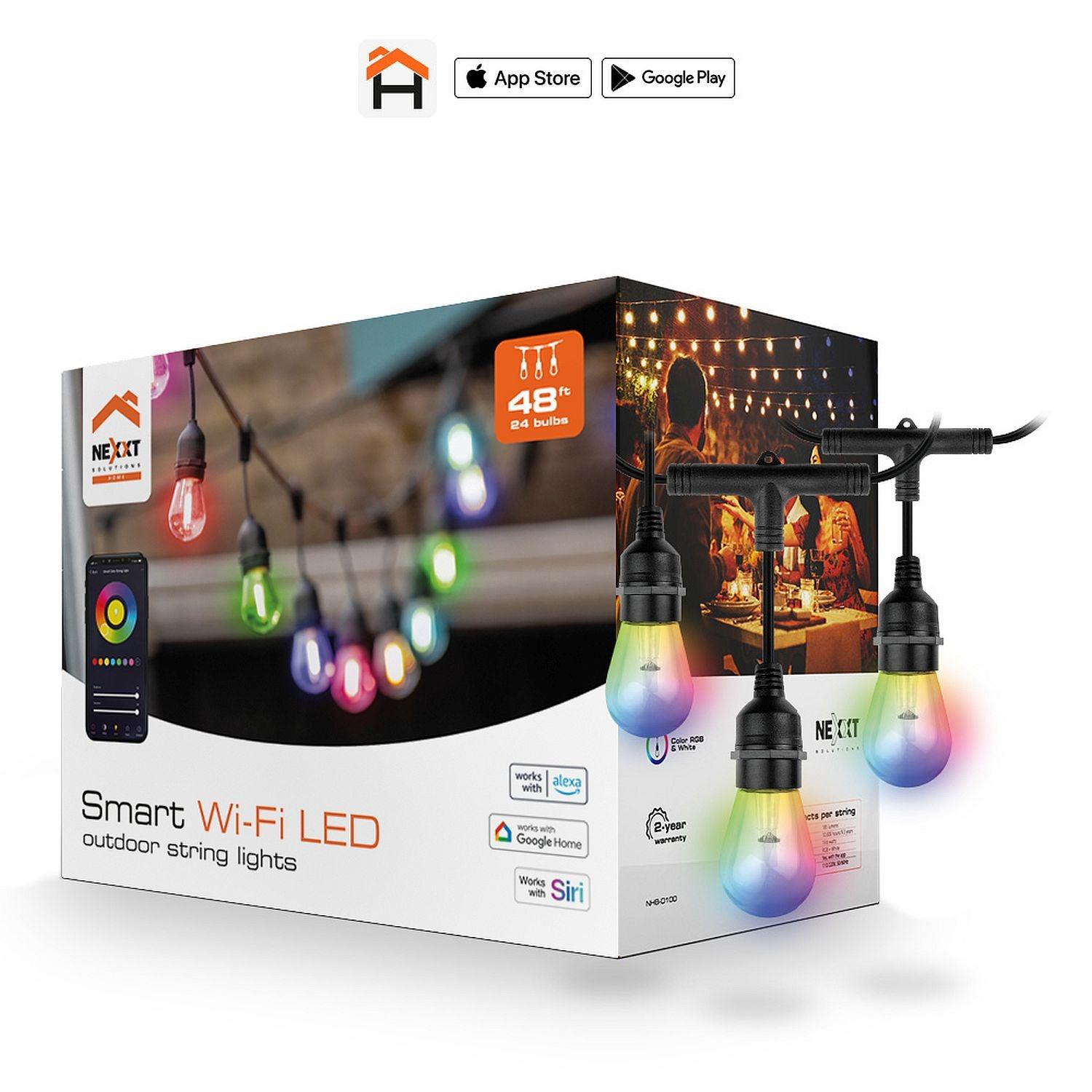 Nexxt - Smart Home Outdoor Wi-Fi Led String Lights 24 Bulbs 48Ft