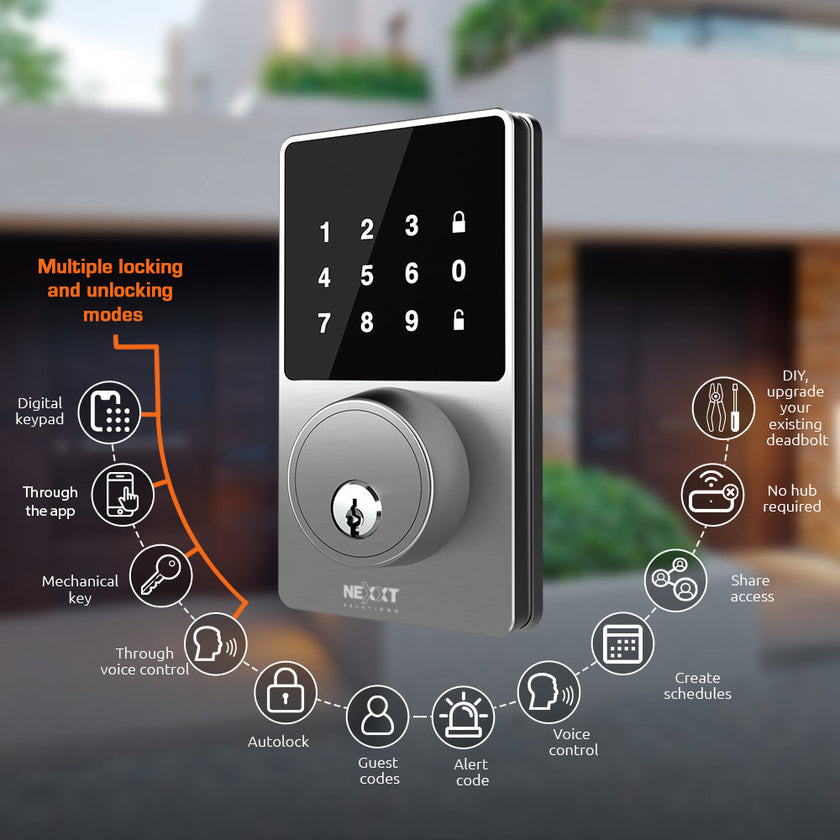 Nexxt - Smart Home - Wi-Fi Door Lock - Digital Keypad Mechanical Key - Stainless Steel