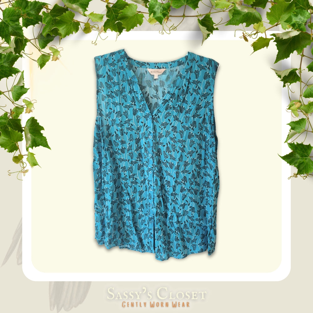 Women's Northern Reflections Blue Floral Button-Up Sleeveless Blouse [XL]