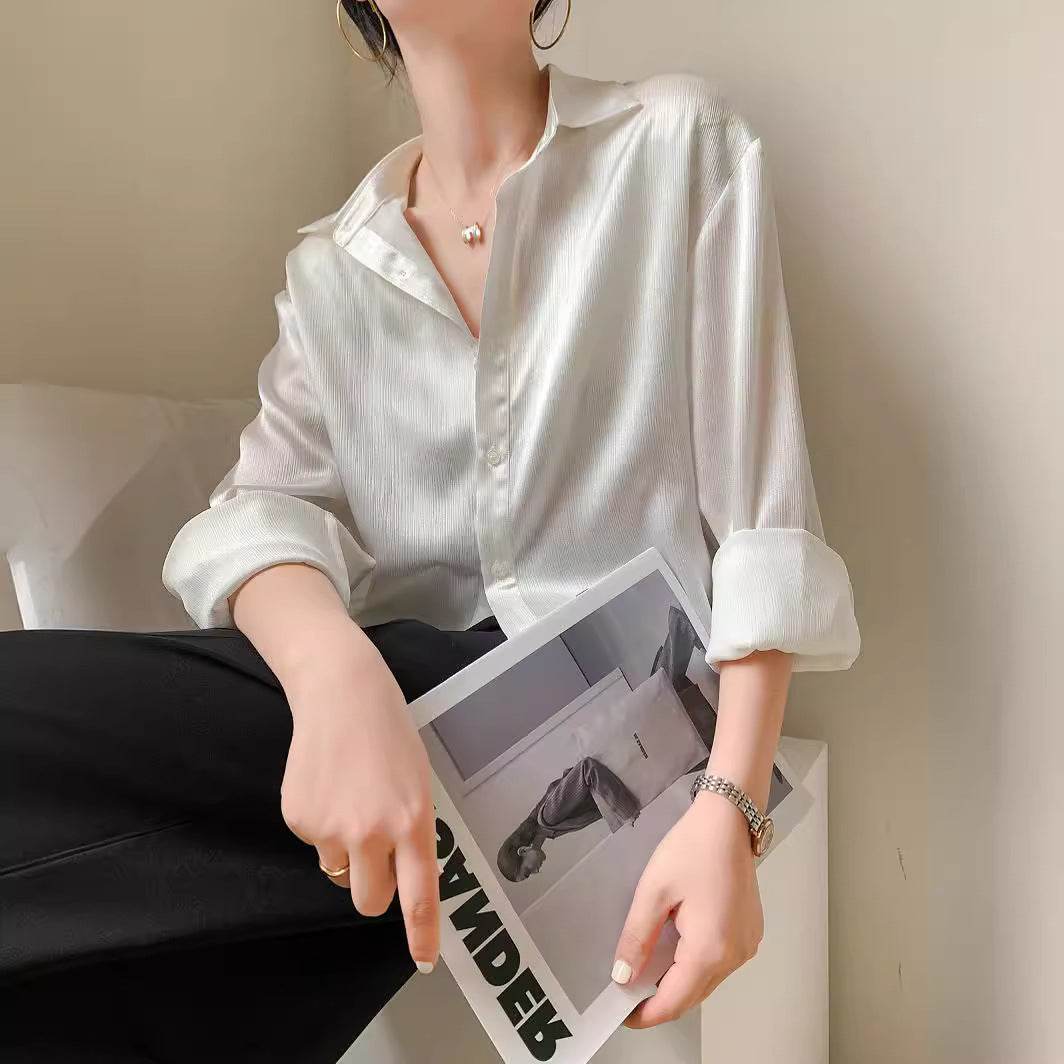 White Texture Long sleeve button Satin Shirt For Work business office