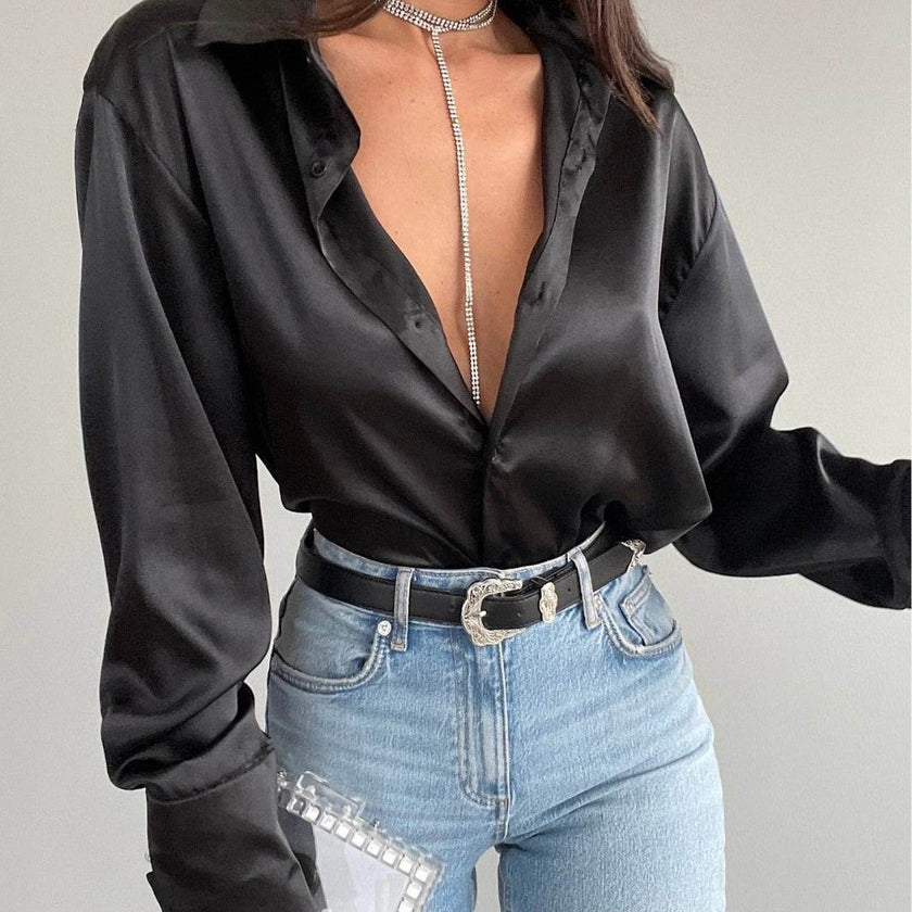 Single-breasted Long Sleeve Lapel Satin Blouse Shirt for work business office