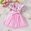 Girls Puff Sleeve Flower Printed Mesh Dress Baby girl dress gown