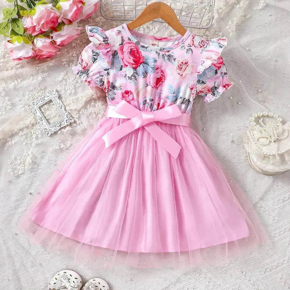 Girls Puff Sleeve Flower Printed Mesh Dress Baby girl dress gown
