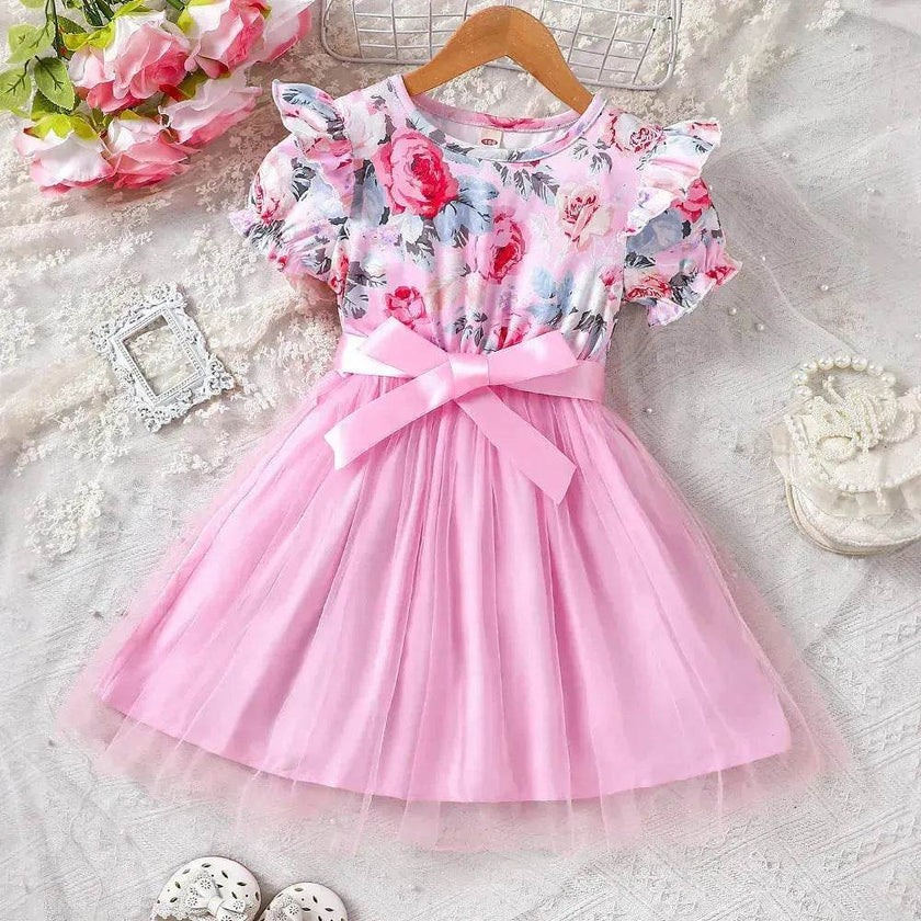 Girls Puff Sleeve Flower Printed Mesh Dress Baby girl dress gown
