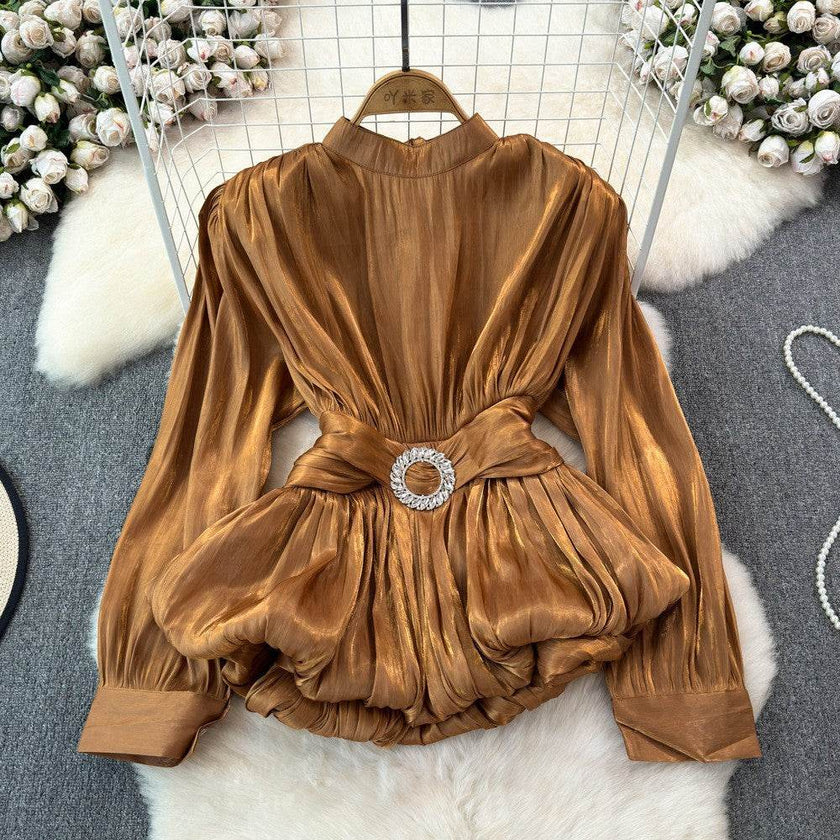 Elegant Luxury French Style High-grade waist belt lantern sleeve Niche Blouse top for Women