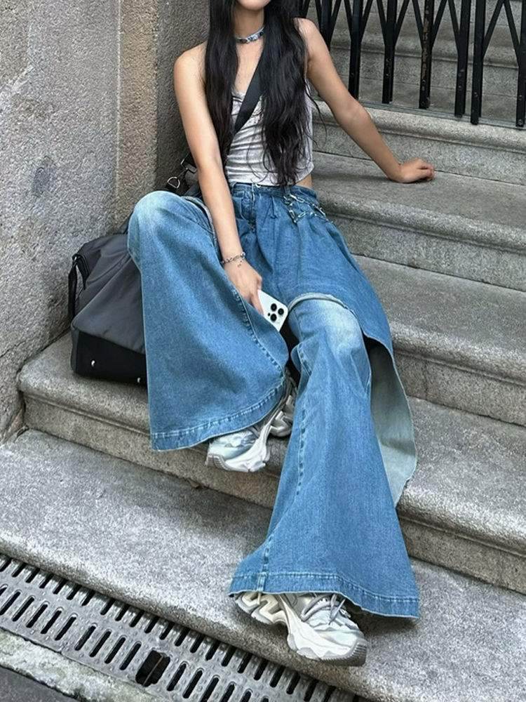 False two piece Denim Skirt High waist Fake 2 piece Skirt jeans pant